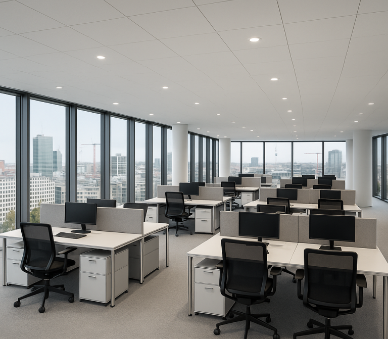 Vision Tower Moderne Büroumgebung mit mehreren Arbeitsplätzen und großen Fenstern in einer Stadtansicht.