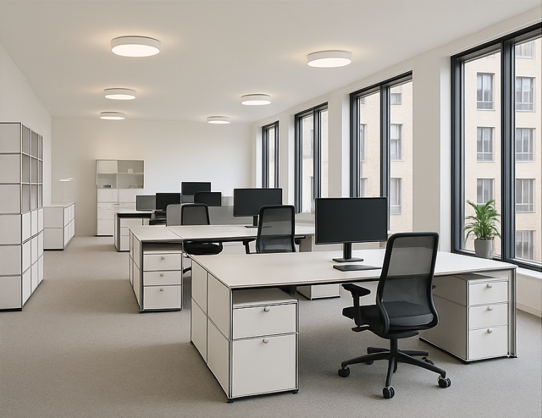 Next Level Office Helles Büro mit mehreren Schreibtischen, Stühlen und Computern an großen Fenstern.