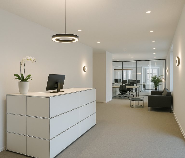 Lichtwerk Moderne Empfangshalle mit Empfangstresen, Pflanzen und einem Konferenzraum.