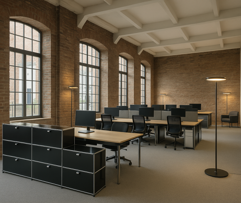 Werkhof 52 Modernes Büro mit Holzschreibtischen, schwarzen Stauräumen und großen Fenstern.