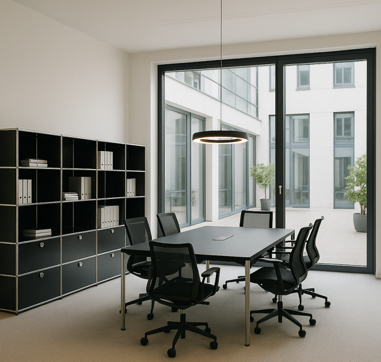 Atrium Berlin Moderne Besprechungsraum mit schwarzem Tisch, Stühlen und großen Fenstern.