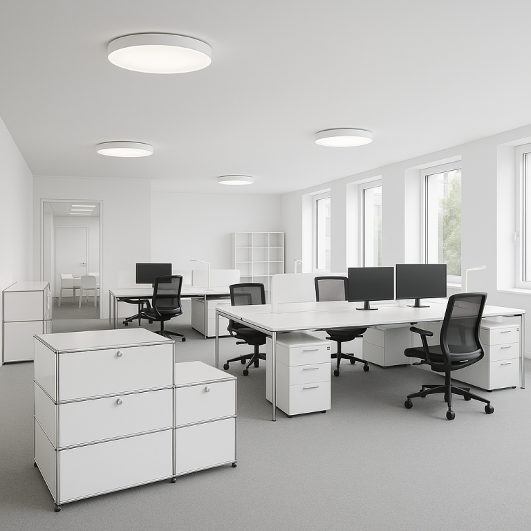 Kubus 17 Modern Büro mit weißen Schreibtischen, Computern und ergonomischen Stühlen. Helle Atmosphäre.