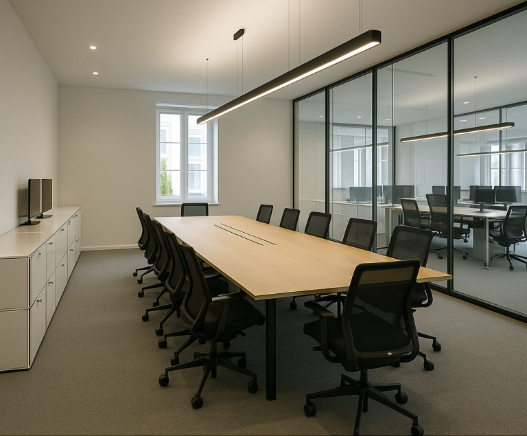 Quadrat One Heller Konferenzraum mit großem Tisch und schwarzer Stuhlreihe.