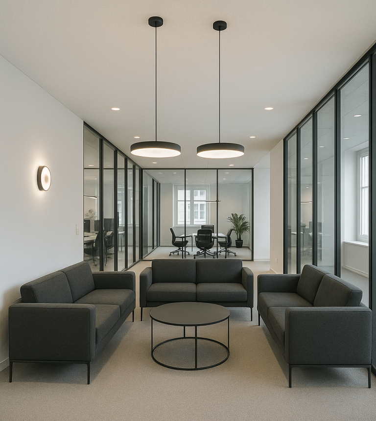 Forum West Moderne Bürolounge mit grauen Sofas, einem runden Tisch und viel natürlichem Licht.